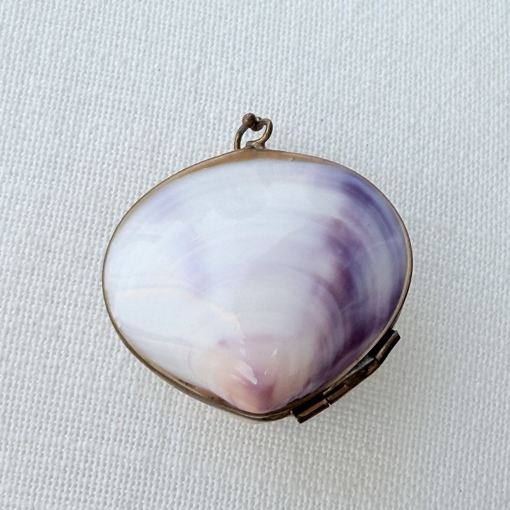 Vintage Hinged Clamshell Trinket Box Brass Hardware Handmade 2" Purple White